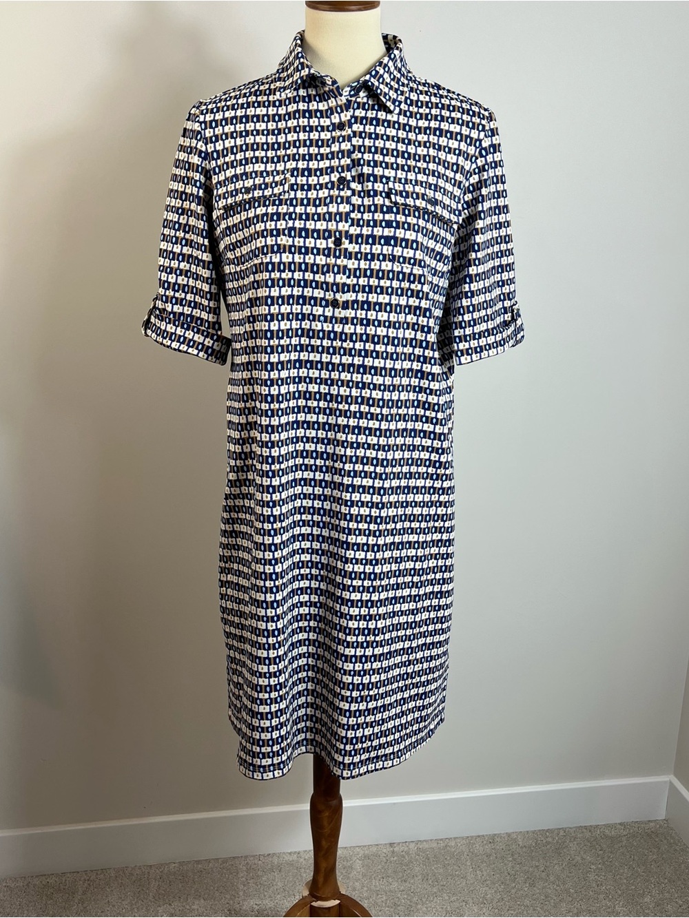J. McLaughlin Catalina Cloth Blue Brown Geometric Print Shirt Dress M